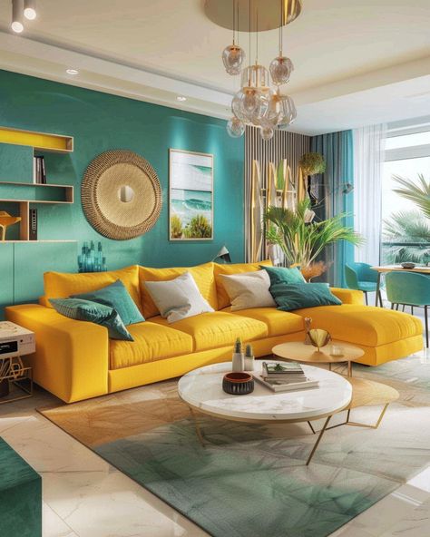 Yellow And Teal Dining Room, Yellow Living Room Ideas, Teal Living Room Ideas, Mustard Living Rooms, Dining Room Teal, Teal Living Room, Teal Living Rooms, Bedroom Wall Designs, Yellow Living Room