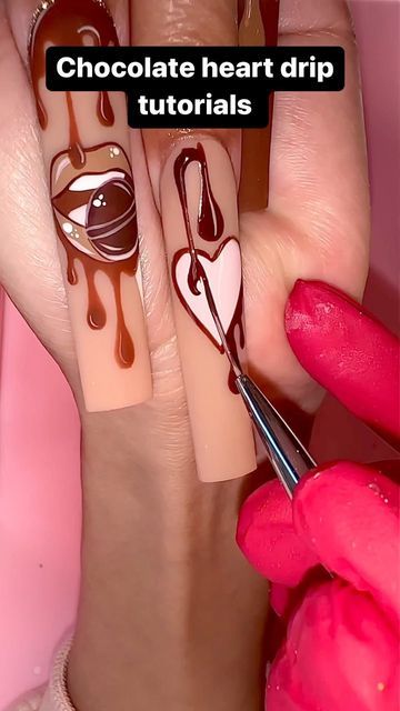 Notpolish-Thao on Instagram: "Quick tutorials! Chocolate drip heart 🤎 all products from @notpolish_ non curve coffin tips, Disco liner gel and gel liner art with matte it topcoat from @notpolish_nails ♥️ ♠️ ♥️ #nails #nailart #longnails #notpolish #handpainted" Heart Drip Nails, Dripping Heart Nails, Chocolate Drip Nails, Chocolate Nails Design, Heart Nail Art Designs, Notpolish Nails, Coffin Tips, Chocolate San Valentin, Diy Bralette