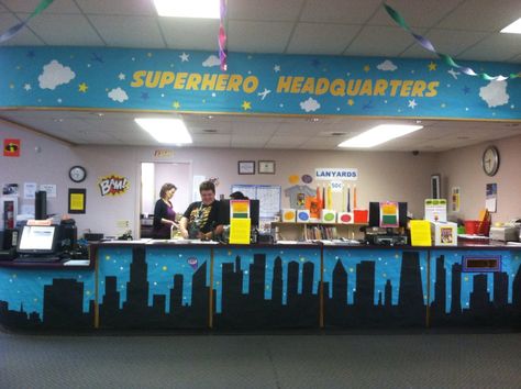 Super Hero Headquarters, Superhero Hallway Decor, Superhero Bulletin Boards Hallways, Superhero Book Fair, Superhero Headquarters, Superhero Corporate Event, Superhero Vbs, Superhero Books, Office Halloween