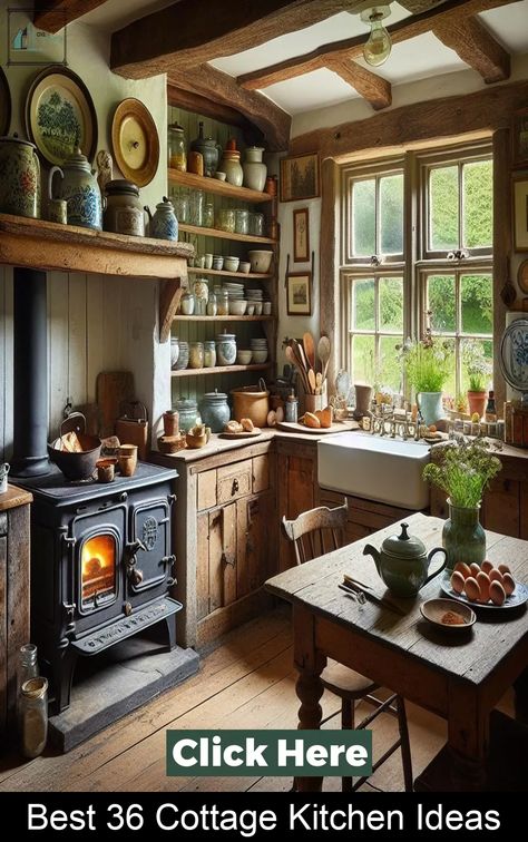 living room decoration interior Cottage Core Kitchens, Cottage Core Kitchen Ideas, Cottagecore Dining Room, White Kitchen Wood Floors, Cottage Kitchen Ideas, Cottage Core Kitchen, Vintage Kitchen Table, Cosy Cottage, Charming Cottage