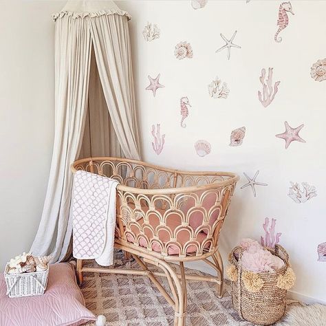 The stunning Arco Iris handmade rattan bassinet by Hunter & Nomad! The most beautiful unique statement piece for any boys, girls or gender neutral nursery - personally designed by us. Seashell Nursery, Rattan Bassinet, Nursery Design Girl, Nursery Nook, Dreamy Ocean, She Sells Seashells, Grey Bedroom, Nursery Inspo, Girls Nursery