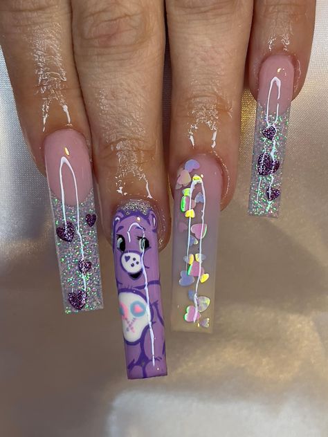 Care Bear Acrylic Nails, Carebear Nail Ideas, Care Bears Nails, Ear Dressing, Care Bear Nails, Teddy Bear Nails, Bear Nails, Cartoon Nail Designs, Girly Nails