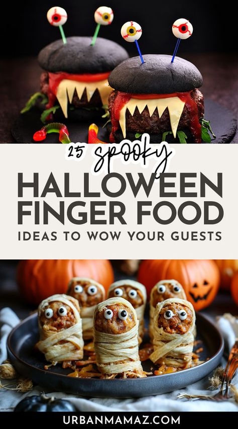 Looking for creative finger food ideas for Halloween? Here are 25 Halloween finger food recipes to WOW your guests. Veggie Pizza Halloween, Halloween Inspired Party Food, Classic Halloween Food, Cheap Halloween Appetizers For Party, Fall Halloween Party Food, Halloween Party Appetizer Ideas, Halloween Food Simple, Halloween Meat Snacks, Finger Foods For Movie Night