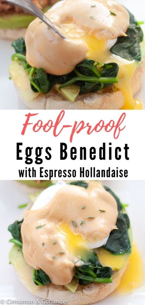 Learn how to make the best eggs benedict at home - perfectly poached eggs on a toasted English muffin finished with an over the top delicious, rich and creamy espresso hollandaise sauce! Breakfast decadence made easy. Serve this with salmon, bacon or vegetarian with spinach and avocado for Easter brunch or Valentine's Day #easterbrunch #easterrecipes #Breakfast #brunch #easyrecipes Best Eggs Benedict, Poached Eggs Breakfast, Maple Syrup Salmon, The Best Eggs, Recipe With Spinach, Easy Eggs Benedict, Egg Whites Wrap, Benedict Recipe, Best Eggs