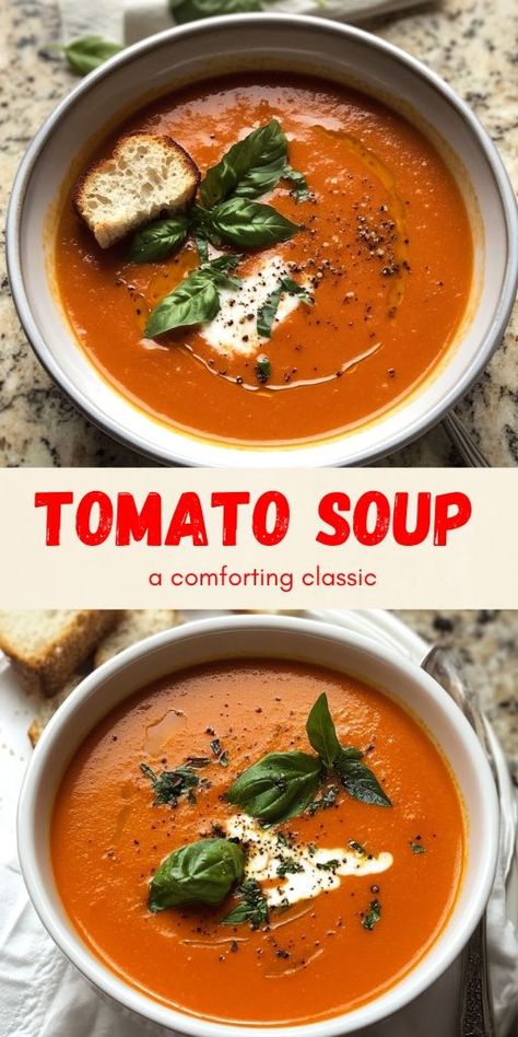 🍅🥣 Easy Homemade Tomato Soup: A Comforting Classic Made Fresh! 🍃✨   Looking for a cozy, healthy soup? This Easy Homemade Tomato Soup is made with fresh tomatoes, garlic, and herbs for a rich, flavorful bowl of comfort. 🌟 Perfect for a quick lunch or dinner, it's creamy, satisfying, and pairs beautifully with grilled cheese!   👉 Save this Pin and make your own warm, comforting soup tonight! 💚   #TomatoSoup #HomemadeSoup #ComfortFood #HealthyRecipes #EasyMeals Creamy Tomato Soup Easy, Best Homemade Tomato Soup, Easy Homemade Tomato Soup, Roast Tomato Soup Recipe, Tomatoe Soup, Homemade Tomato Basil Soup, Fresh Tomato Soup, Tomato Basil Soup Recipe, Roasted Tomato Basil Soup