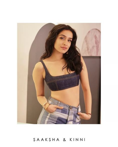 Shraddha Kapoor wears the acid wash patchwork denim and contrast denim bustier Patchwork Denim Jeans, Shraddha Kapoor Cute, Denim Bustier, Patchwork Denim, Shraddha Kapoor, Women Photography Poses, Women's Casual Style, Indian Actress Hot Pics, Two Piece Dress