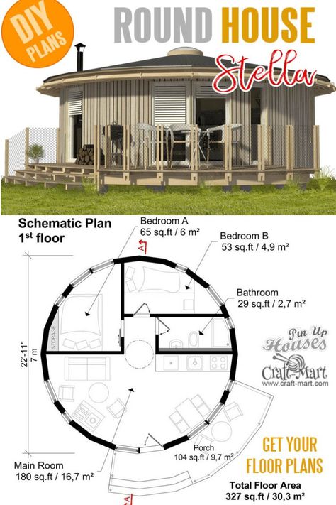 Small and tiny Home plans with cost to build - Stella Round Tiny House Plans. Micro House Plans, Detailed House, Round House Plans, House Plans Ideas, Antipolo, Little House Plans, Shipping Container House Plans, Free House Plans, Tiny House Plan