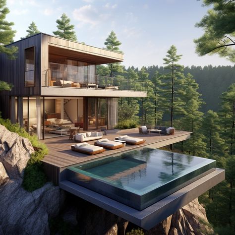 Mountain Home With View, Villa In The Mountains, Mountain House With Pool, Mountain Modern House Exterior, House With View Of Mountains, Modern House In The Mountains, Modern House In Mountains, Modern 2 Story House Exterior, Modern Rest House