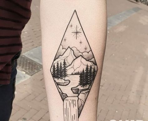 Waterfall Tattoos Waterfall Tattoo Ideas, Waterfall Tattoos, Waterfall Tattoo, Berg Tattoo, Geometric Mountain Tattoo, Jungle Tattoo, Canada Tattoo, Lake Tattoo, Amazing Waterfall