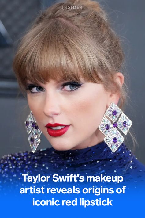 A photo of Taylor Swift at the 2023 Grammys wearing red lipstick. It's overlaid with a headline that reads: "Taylor Swift's makeup artist reveals origins of iconic red lipstick." Taylor Swift Red Lipstick, Taylor Swift Quiz, Concert Taylor Swift, Taylor Swift Makeup, The Story So Far, Grammys Red Carpet, Brandi Carlile, Miss Americana, Mark Ronson