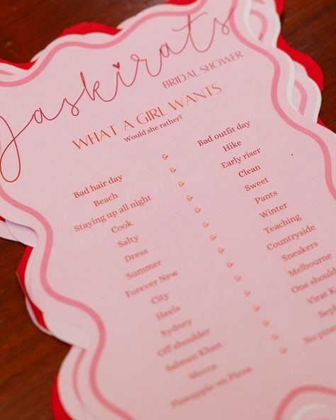 LOVED creating this wavy cut program pack for a bridal shower! The theme was shades of love so the main pages were backed with different shades of red! ❤️ The program pack included a variety of games catering towards the bride’s personality and style! 💗 #eventstationery #wedding #bridalshower #eventgames Event Games, Night Hiking, Different Shades Of Red, What A Girl Wants, Clean Cooking, The Program, Forever New, Bad Hair Day, Sweet Dress