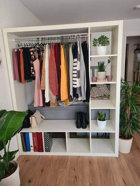 Ikea Kallax Wardrobe Hack, Ikea Kallax Clothes Storage, Kallax Wardrobe Hack, Pax Organisation, Kallax Wardrobe, Kallax Closet, Small Space Clothing Storage, Kallax Hack, Garage To Living Space