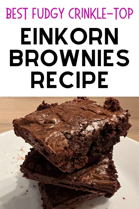 Learn how to make the best chocolate crinkle top brownies using einkorn flour and other simple ingredients. These are amazingly fudgy with a beautiful shiny, crinkly top to create the perfectly chewy, melt-in-your-mouth texture with a slight crunch. Because they're made with an ancient grain, these fresh milled flour einkorn brownies are healthier than boxed brownie mixes and other homemade alternatives! This healthy recipe explains how to get that coveted crinkle top every time. Einkorn Brownies, Einkorn Sourdough Starter, Einkorn Sourdough Bread, Crinkle Top Brownies, Einkorn Cookies, Homemade Alternatives, Einkorn Sourdough, Einkorn Bread, Milled Flour Recipes