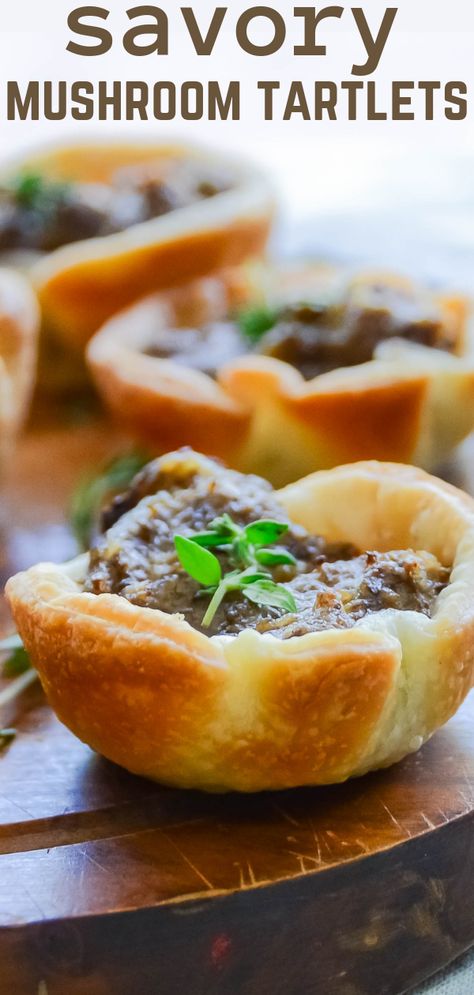 Flaky pastry cups filled with mushroom duxelles - a simple and delicious hors d'oeuvre for the holidays or any cocktail party! #appetizer #horsdoeuvre #cocktailparty #newyearseveappetizer #partyfood #christmasappetizer #thanksgiving #mushrooms #bitesizetarts #easyholidayappetizer #mushroomtarts Appetizers Mushrooms, Mushroom Duxelle Appetizer, Mushroom Tarts Appetizer, Fancy Hors D’oeuvres, Mushroom Phyllo Cups, Mushroom Amuse Bouche, Duxelles Mushroom, Mushroom Hors D’oeuvres, Mushroom Tartlets