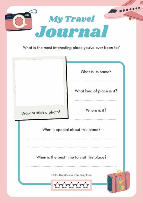 My Travel Journal Worksheet My Travel Journal, English Worksheets, Writing Worksheets, Holiday Pictures, My Travel, Cute Style, Pink Turquoise, Worksheets For Kids, Just Kidding