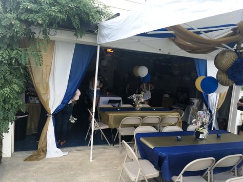 Garage Set Up For Party, Graduation Tent Decorating Ideas, Garage Decorating Ideas For Party, Graduates 2024, Male Decor, Male Graduation, Blue Graduation Party, Graduation Table Decorations, Backyard Graduation Party