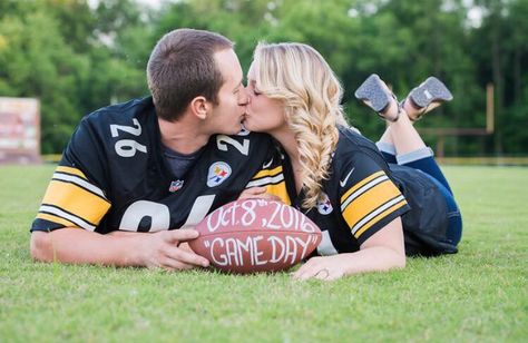 Football engagement session Wedding Gameday Pictures, Soccer Engagement Photos, Football Jersey Engagement Photos, Football Engagement Photos, Volleyball Wedding, Football Themed Engagement Photos, Football Stadium Engagement Photos, Sports Themed Engagement Photos, Football Engagement Pictures