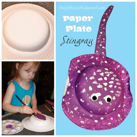 Paper Plate Stingray craft for kids. aN adorable project for summer made with paper plate & bowl Stingray Craft, Ocean Animal Crafts, Under The Sea Crafts, Fun Summer Crafts, Paper Plate Crafts For Kids, Diy Summer Crafts, Kids Homemade, Sea Crafts, Summer Crafts For Kids