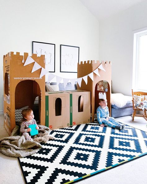 Cardboard Box Playhouse Diy, Cardboard Box Playhouse, Cardboard Box Castle, Cardboard Boxes Kids, Cardboard Houses For Kids, Castle Birthday Party, Playhouse Diy, Cardboard Box Houses, Dragon Baby Shower