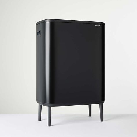 Brabantia Matte Black Dual Compartment Bo Touch Bin Hi + Reviews | Crate & Barrel Modern Trash Can, Apartment List, Vintage Cooler, Waste Container, Household Waste, Home Upgrades, Adjustable Legs, Types Of Flooring, Soft Close Doors