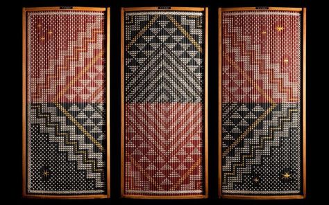 Te Ao Hurihuri (The changing world), tukutuku (woven wall panel), 2013, by James and Catherine Schuster, Te Rōpū Raranga Whatu o Aotearoa (National Collective of Māori Weavers in New Zealand). Photograph © Craig Robertson, Full Frame Photography Ltd. Māori Patterns, Maori Culture, Flax Weaving, Cross Tattoo For Men, Maori Patterns, Maori Designs, Māori Culture, Nz Art, Hawaiian Tattoo