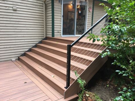 Wide Deck Stairs, Trex Deck Stairs, Trex Stairs, Wide Stairs, Porch Step Railing, Deck Staircase, Azek Decking, Cable Railing Deck, Tiered Deck