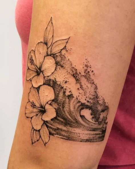 Wave Flower Tattoo, Flower Wave Tattoo, Tropical Flower Tattoos, Beachy Tattoos, Hawaiian Flower Tattoos, Plumeria Tattoo, Hibiscus Flower Tattoos, Flor Tattoo, Flowers Tattoos