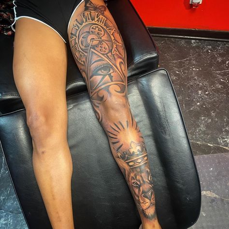 Leg Sleeves For Black Females, Full Leg Tattoo Female Black, Upper Leg Sleeve Tattoo, Woman Leg Sleeve Tattoo, Full Leg Tattoos Women Sleeve, Baddie Leg Tattoos, Big Leg Tattoos, Female Leg Sleeve Tattoo, Female Leg Tattoos