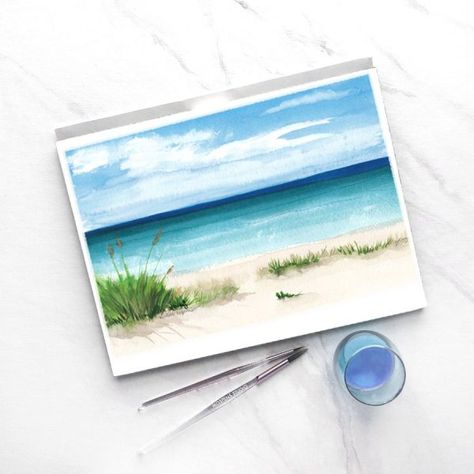 Watercolor Seascapes Beach Scenes, Draw Beach Scene, Watercolor Beach Scene, Beach Painting Watercolor, Watercolor Summer Landscape, Watercolor Art Beach, Watercolor Ocean Painting, Watercolor Beach Painting, Watercolour Ocean