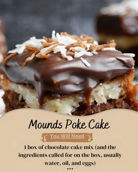 FAMILY RECIPE GROUP | Mounds poke cake  | Facebook Mounds Poke Cake Recipes, Mounds Poke Cake, Cat Desserts, 9x13 Desserts, Reese's Recipes, Mounds Cake, Lush Desserts, Fast Appetizers, Pillow Cakes