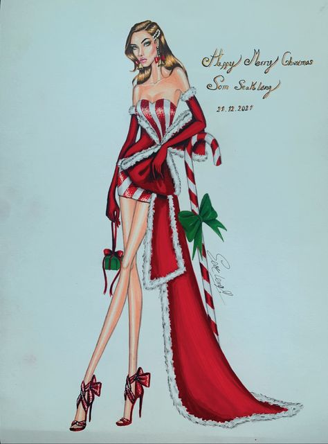 Christmas Outfit Illustration, Winter Fashion Illustration, Illustration Dress, Christmas Fashion Outfits, Barbie Fashion Sketches, Fashion Figure Drawing, Happy Merry Christmas, Dress Design Drawing, Stylish Dpz