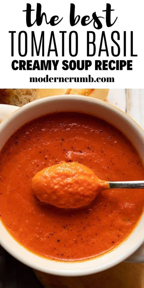 This homemade creamy tomato basil soup is so quick and easy to make! It uses vegetables like sweet onion, celery, carrots and garlic to balance the flavor and make it hearty. A bit of cream makes it so smooth and delicious. It will warm you down to your bones. Jason’s Deli Tomato Basil Soup, Tomatoe Soup, Homemade Tomato Basil Soup, Tomato Basil Soup Recipe, Creamy Soup Recipes, Creamy Tomato Basil Soup, Tomato Soup Homemade, Tomato Bisque, Basil Soup