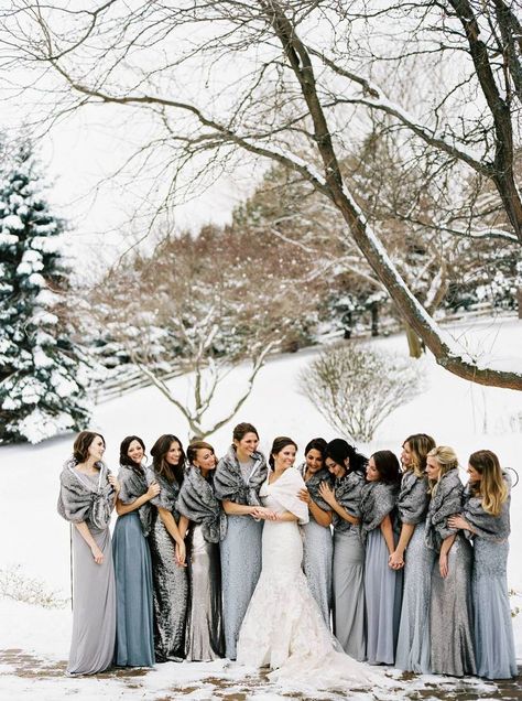 Winter Bridesmaids, Winter Bridesmaid Dresses, Winter Wedding Colors, Wedding Themes Winter, Winter Wedding Decorations, December Wedding, Grey Bridesmaid Dresses, Winter Wedding Inspiration, Winter Wonderland Wedding