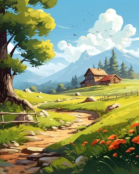 Digital Art Scenery Landscapes, Scenery Illustration, Village Painting, Bull Painting, Landscape Painting Tutorial, Oil Painting Nature, Beautiful Locations Nature, Beautiful Landscape Wallpaper, Landscape Illustration