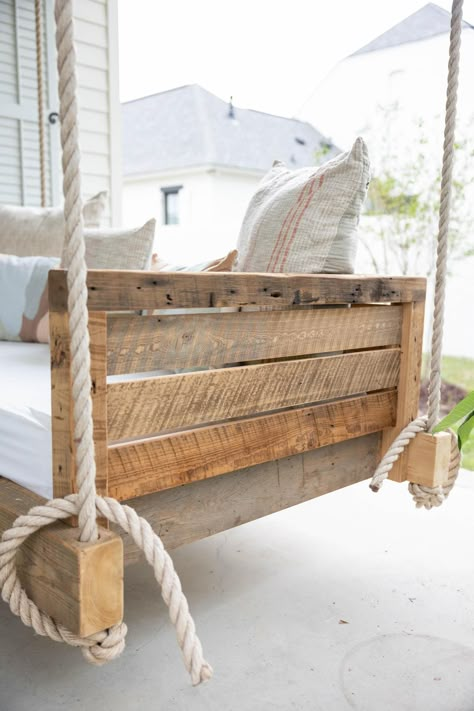 The Josephine Bed Swing is the perfect combination of modern design and rustic appeal. Designed with comfort and long-lasting durability in mind, this bed swing is sure to be the staple of your Sunday afternoon naps. Bed swings only come with the selected rope. This product does not include the mattress, mattress cover Floating Day Bed Porch Swings, Bed Swings Outdoor Diy, Barndo Porch, Porch Swing Ideas, Farmhouse Daybeds, Decorative Wood Pieces, Diy Porch Swing Bed, Bed Swings, Porch Bed