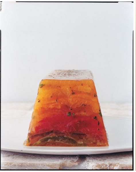 Heirloom Tomato Terrine Tomato Terrine, Summer Tomato Salad, Vegetable Terrine, Jello Mold Recipes, Terrine Recipe, Epicurious Recipes, Homemade Vegetable Broth, Food Resources, How To Peel Tomatoes