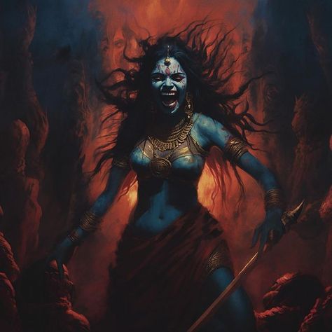 The Paganista on Instagram: "As we draw closer to Samhain, the Dark Goddess series spotlights one of the most potent and revered deities across pantheons: Kali, the enigmatic goddess of profound transformation, chaos, and ultimate liberation. Her significance arises from her role as the cosmic force governing creation and destruction, fiercely protecting the universe's delicate balance. Kali's narrative shines in the story of defeating Raktabija, a demon whose every drop of blood spawned a new m Goddess Of Chaos Art, Kali Goddess Aesthetic, Kali Goddess Art, Goddess Kali Art, Sacred Rage, Chaos Goddess, Kali Aesthetic, Angry Goddess, Goddess Of Chaos