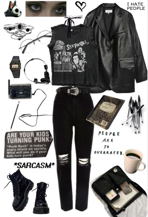 #punk #punkrock #viviennewestwood #sexpistols #sidvicious #johnnyrotten #70s #theclash #ramones #allblack #docmartensstyle #docmartens #punkrock #library #librarylove #books #reading #combyneapp 90s Rock Outfits Women, 90s Grunge Outfits Punk Rock, Punk 70s Fashion, 70s Punk Outfits, 90s Rock Outfit, 70s Punk Fashion, Punk Outfits 80s, Punk Attire, Punk Style 70s