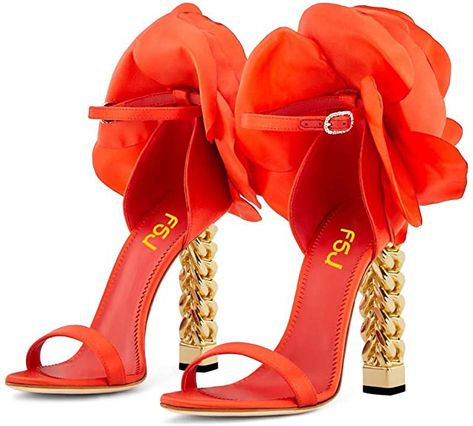 Amazon.com | FSJ Women Flower Gold Metal Chain Chunky High Heels Ankle Strap Sandals Open Toe Fashion Shoes Size 4-15 US | Heeled Sandals Orange Heels, Dressy Shoes, Flower Sandals, Ankle Strap Sandals Heels, Women Flower, Chunky High Heels, Stylish Sandals, Wedding Heels, Prom Shoes