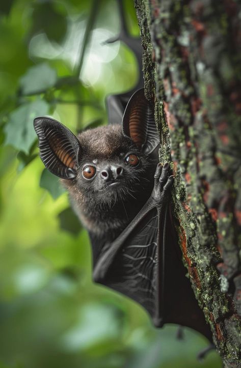 Adorable black bat clinging to moss-covered tree in lush green forest. Interesting Animal Photography, Animals In The Woods, Animals Beautiful Photography Nature, Types Of Bats, Forest Animal Photography, Bats Halloween, Bat Photography, Bat Pictures, Beautiful Animals Photography Wildlife