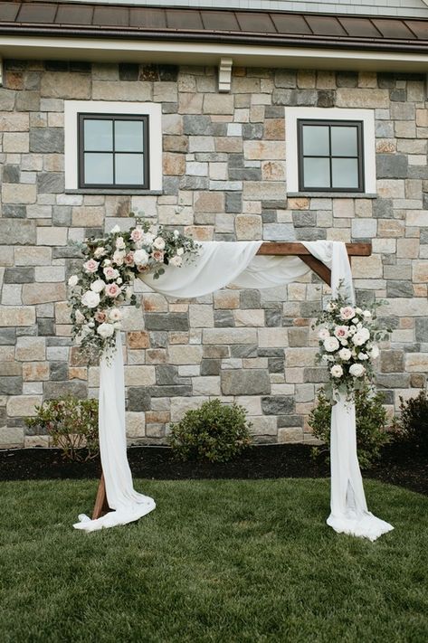 Backyard-classic-romantic-wedding Wedding Arch Drapery And Flowers, Square Arbor Wedding Florals, Wooden Arbor Wedding Flowers, How To Make Arbor Flowers, Classic Wedding Arbor, Wood Ceremony Arch, Arch Floral Decor, Lings Moment Arch, Wedding Arbor Drapery