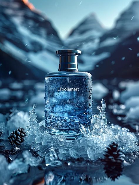 The image is a cologne bottle. It is blue and silver ->> more details in ai-img-gen.com Unique Product Photography, Perfumes Aesthetic, Amazon Aesthetic, Winter Perfume, Monochromatic Photography, Nature Elements, الفن الرقمي, Cologne Bottle, Blue Perfume