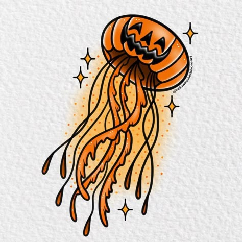 Vincent Maddox | Jellyfish pumpkin is available as a tattoo ticket on my site! 🎃🌊 My sticker drop is tomorrow, 8/26 at 10am PT! | Instagram Jellyfish Pumpkin, Tattoo Ticket, Octopus Painting, Pumpkin Tattoo, Snail Art, Bat Tattoo, Summer Tattoo, Kawaii Tattoo, Perler Art