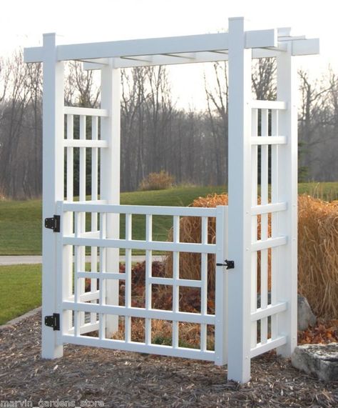 Arbor With Gate, Garden Arbor With Gate, Arbor Gate, Arbor Ideas, Vinyl Gates, Wood Arbor, Arbors Trellis, Garden Arbor, Pergola Kits