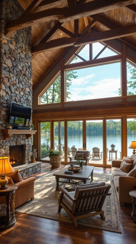 Barn Style House Ideas Luxury Lake House Interior, Lakehouse Windows, Lake House View, Lake View Homes, Lake House Windows, Lakeside Farmhouse, Farm Lake House, Timber Frame Barn Homes, Rustic Lake House Decor