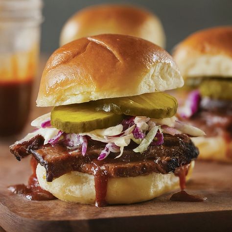 BBQ Beef Brisket Sliders with Coleslaw Recipe - Instacart Brisket Sliders Hawaiian Rolls, Beef Brisket Sliders, Brisket Sliders, Bbq Beef Brisket, Spicy Coleslaw, Bbq Meats, Hawaiian Roll Sliders, Pulled Pork Sliders, Bbq Brisket