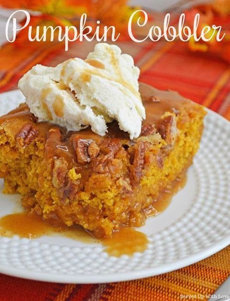 A fun fall twist on a classic favorite dessert. This Pumpkin Cobbler recipe will become your new favorite fall dessert. #fall #pumpkin #easyrecipe #dessert #servedupwithlove Easy Pumpkin Cobbler, Gf Pastry, Recipes Autumn, Pumpkin Poke Cake, Dessert Fall, Pumpkin Cobbler, Pumpkin Dump, Dessert Halloween, Dessert Oreo