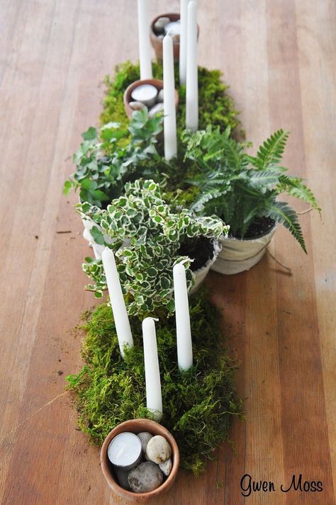 Casual Centerpieces, Moss Centerpiece Wedding, Moss Centerpiece, Elegant Garden Party, Moss Centerpieces, Backyard Graduation Party, Red Centerpieces, Candlestick Centerpiece, Wedding Decorating