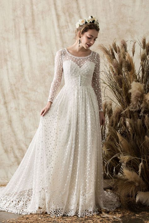 Laid-Back Boho Wedding Dresses! Etheria by Dreamers & Lovers Polka Dot Wedding Dress, Boho Wedding Dress With Sleeves, Western Wedding Dresses, Embroidered Wedding Dress, Long Sleeve Wedding Dress Lace, Boho Wedding Dress Lace, Wedding Dress Pictures, Unique Wedding Dresses, Backless Wedding