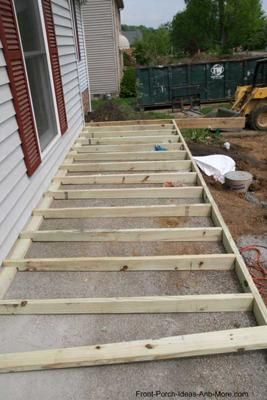 Example of Sleepers on Concrete Deck Over Concrete, How To Build A Porch, Concrete Patios, Porch Remodel, Building A Porch, Porch Makeover, Porch Steps, Concrete Porch, Diy Deck